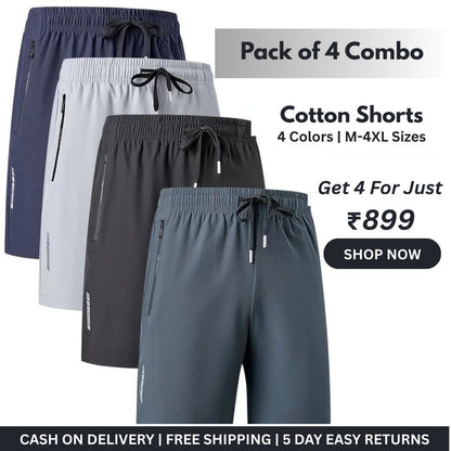 Men’s StretchFit Cotton Shorts – Combo of 4 (Breathable, All-Day Comfort)